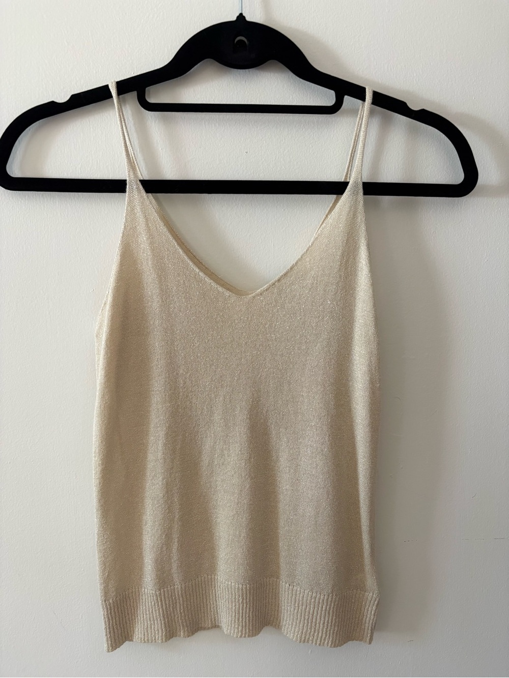 Champaign Shimmery V-Neck Knit Cami Top with Delicate Straps Sheer XS